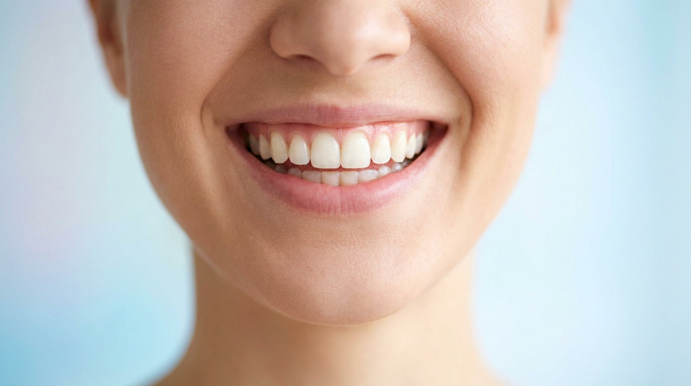 Gros plan sur le sourire d'une femme montrant des dents saines et blanches sur fond bleu clair.