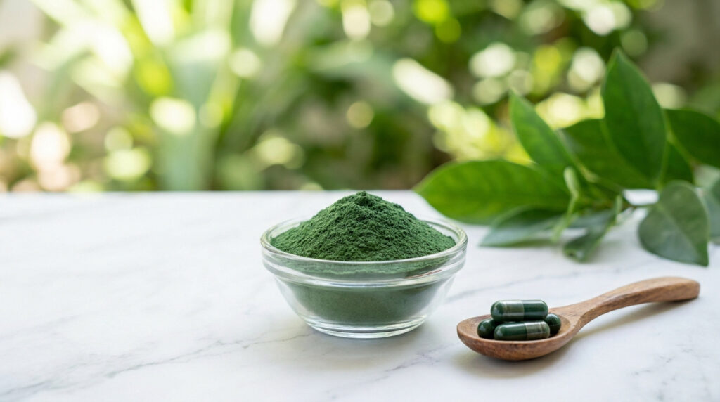 Bol de poudre de spiruline et cuillère en bois avec des gélules sur une table en marbre, fond végétal flou.