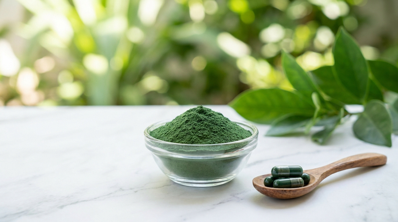 Bol de poudre de spiruline et cuillère en bois avec des gélules sur une table en marbre, fond végétal flou.