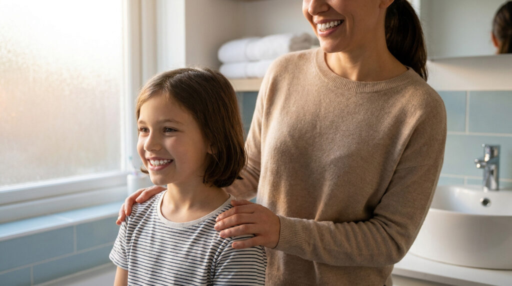 Une mère et sa jeune fille sourient ensemble dans une salle de bain lumineuse.