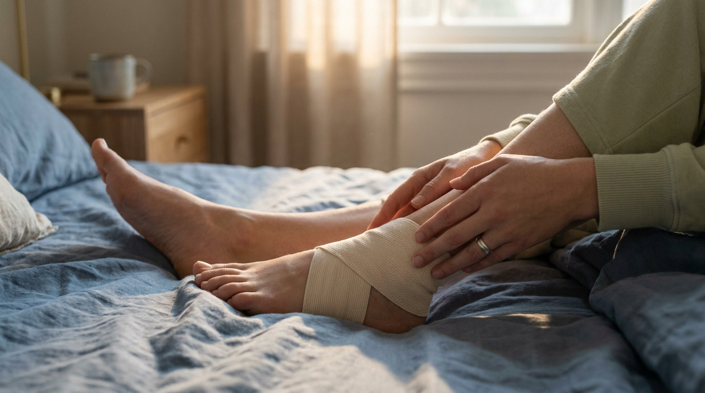 Une personne assise sur son lit qui applique une bande de compression sur sa cheville et son pied enflé.