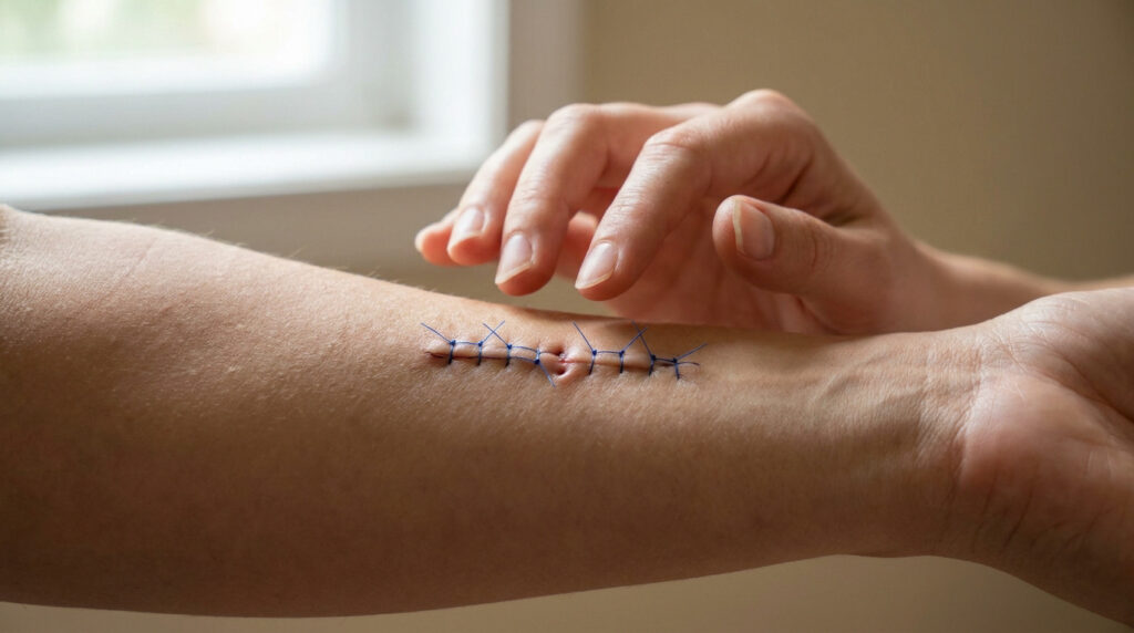 Gros plan sur un avant-bras avec des points de suture bleus, une main effleure délicatement la zone cicatricielle.