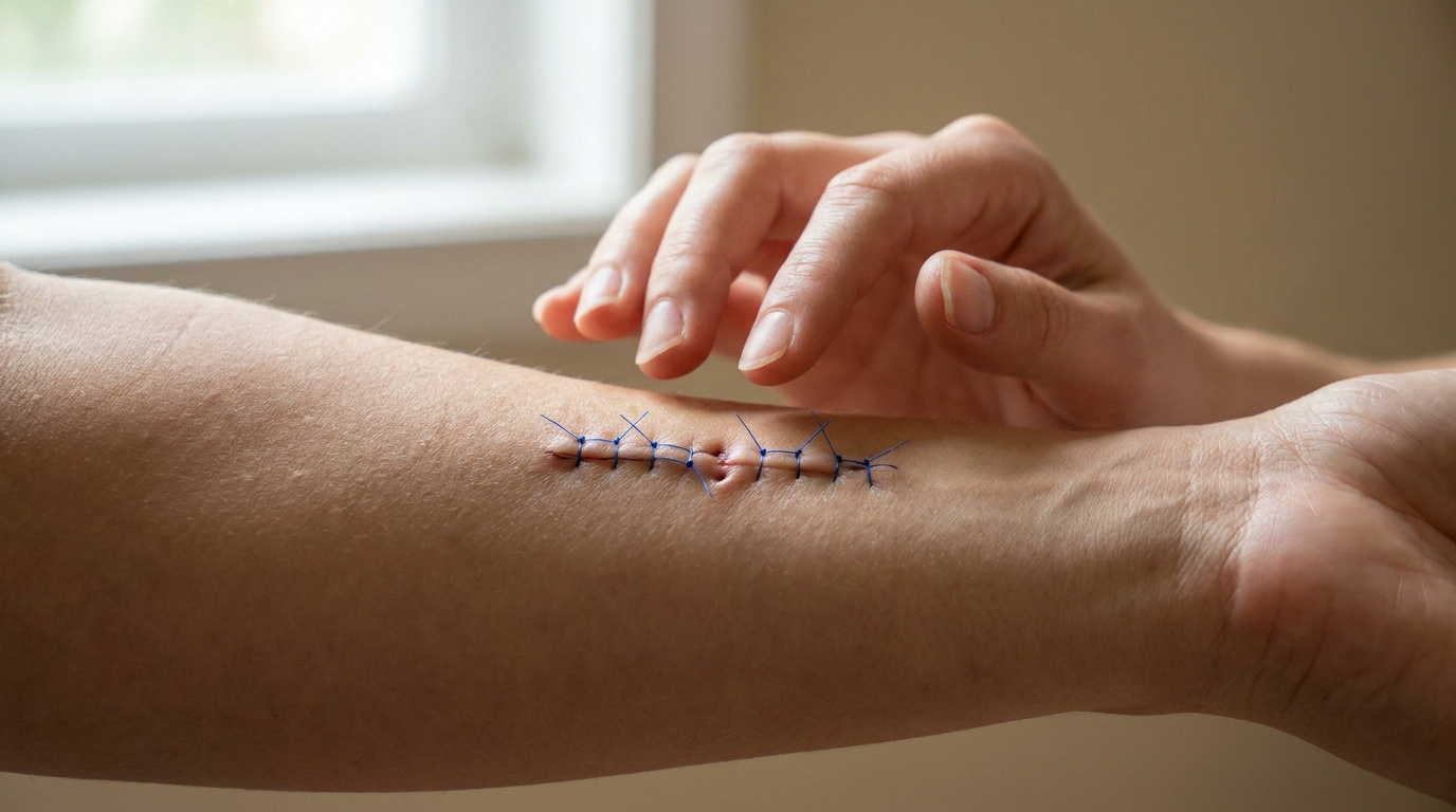 Gros plan sur un avant-bras avec des points de suture bleus, une main effleure délicatement la zone cicatricielle.