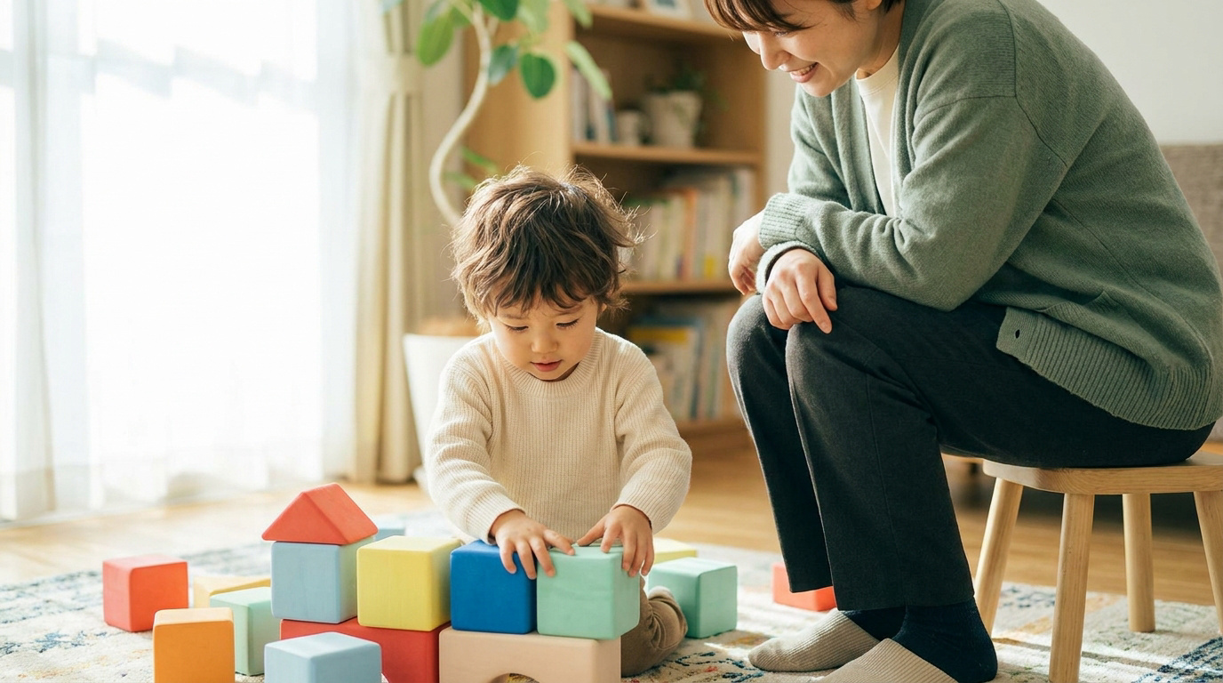 Une mère souriante regarde son jeune fils construire une tour avec des blocs colorés dans un salon lumineux.