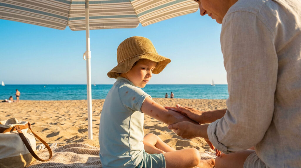 Un parent applique une crème sur le bras d'un enfant portant un chapeau et un t-shirt sous un parasol à la plage.