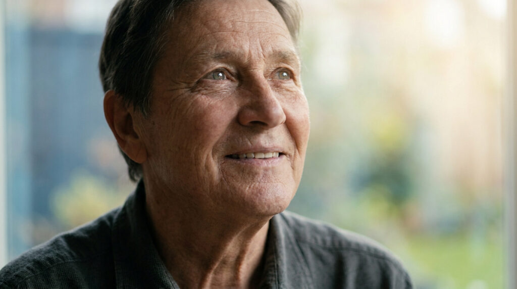 Portrait d'un homme senior souriant et confiant regardant vers une fenêtre lumineuse.