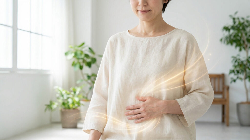 Une femme posant la main sur son ventre avec des effets de lumière dorée suggérant l'énergie et le bien-être.