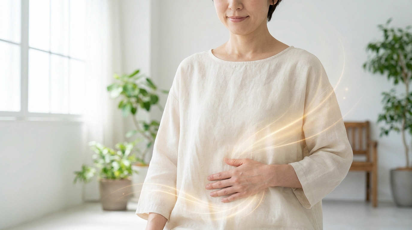 Une femme posant la main sur son ventre avec des effets de lumière dorée suggérant l'énergie et le bien-être.