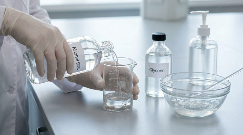 Une personne en gants verse de l'alcool dans un bécher pour fabriquer du gel hydroalcoolique en laboratoire.