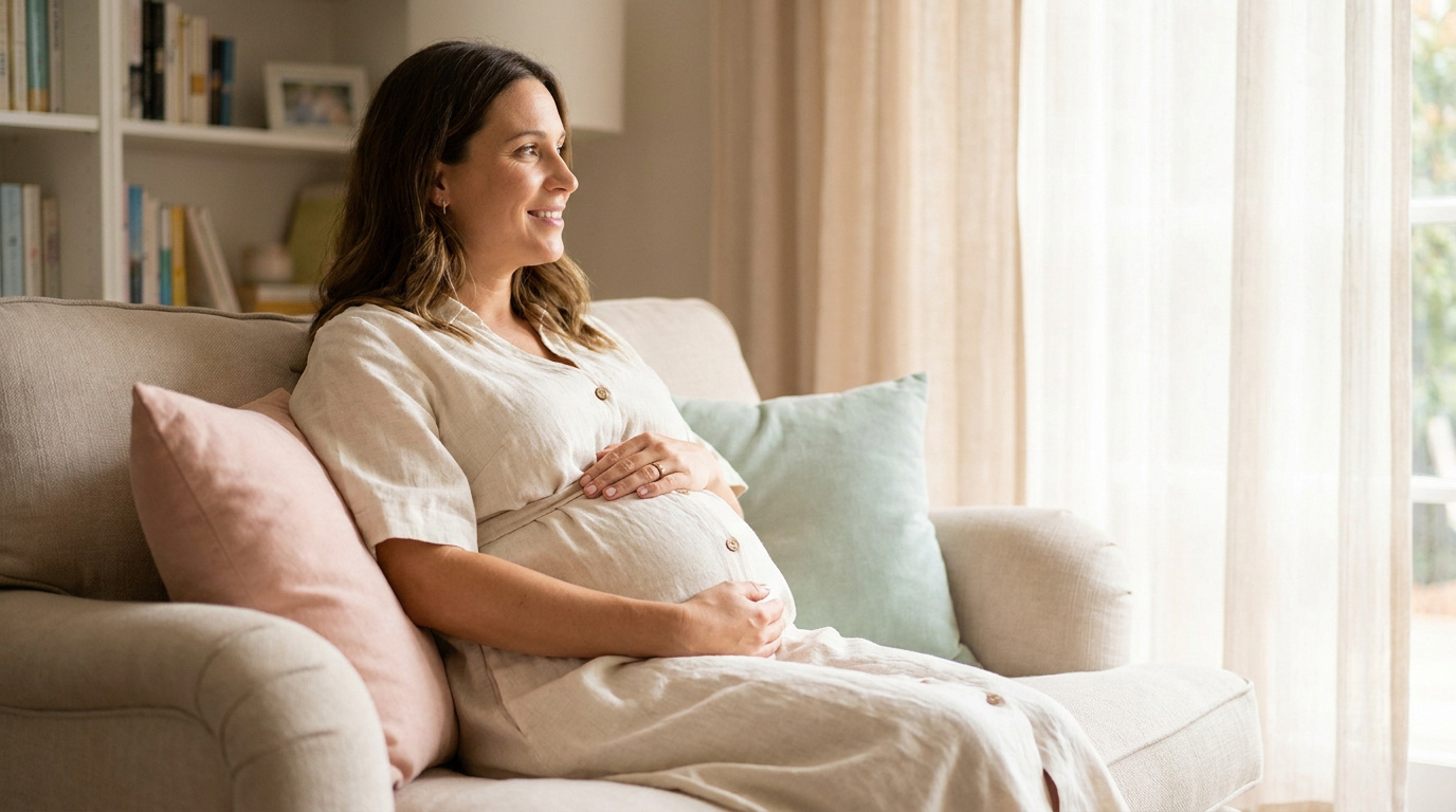 Une femme enceinte souriante assise sur un canapé, posant doucement ses mains sur son ventre arrondi.