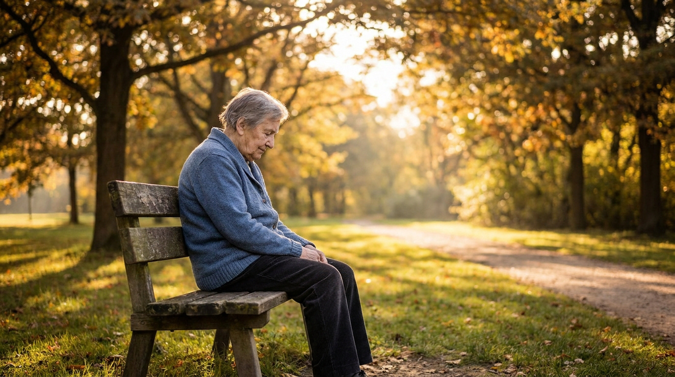 Une personne âgée assise seule sur un banc de parc, l'air mélancolique sous une lumière dorée automnale.