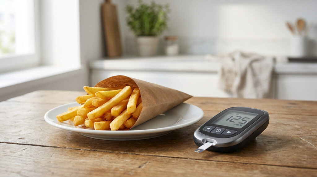 Un cornet de frites sur une assiette à côté d'un lecteur de glycémie affichant 125 mg/dL sur une table en bois.
