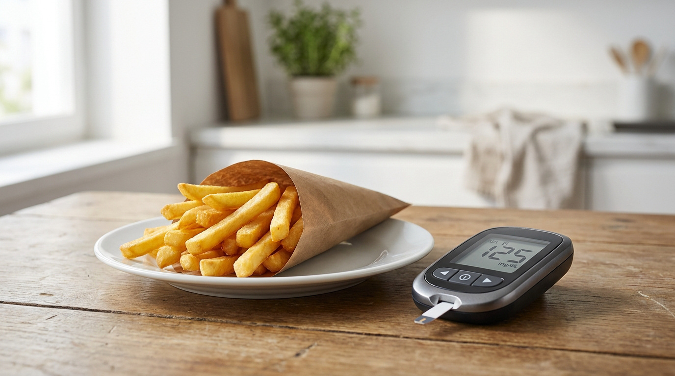 Un cornet de frites sur une assiette à côté d'un lecteur de glycémie affichant 125 mg/dL sur une table en bois.