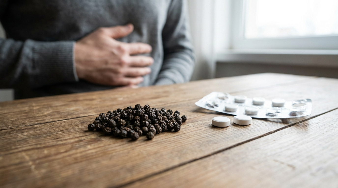 Une personne se tenant le ventre avec un tas de grains de poivre noir et des pilules sur une table en bois.
