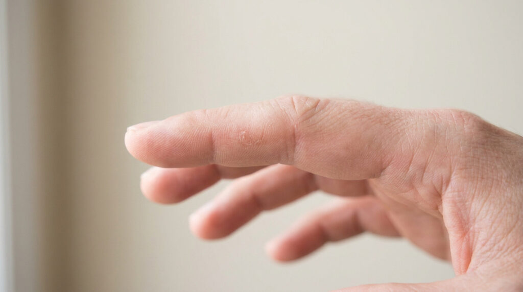 Gros plan sur un doigt humain montrant une petite excroissance ou lésion cutanée de texture rugueuse.