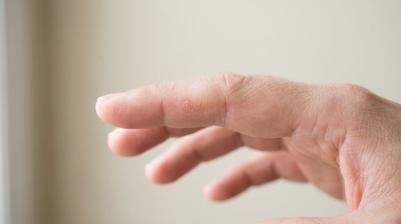 Gros plan sur un doigt humain montrant une petite excroissance ou lésion cutanée de texture rugueuse.