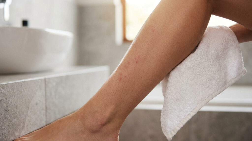 Une personne s'essuie la jambe avec une serviette blanche, révélant une zone de peau rouge et irritée après la douche.