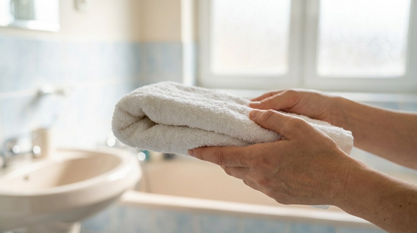 Mains tenant une serviette blanche propre dans une salle de bain lumineuse.