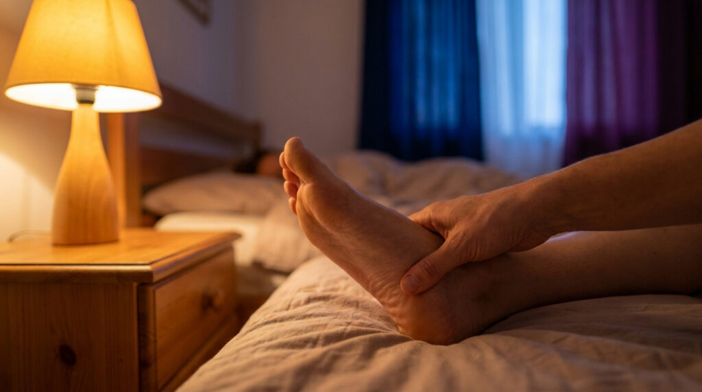 Une personne assise dans un lit sombre massant son pied douloureux sous la lumière d'une lampe de chevet.