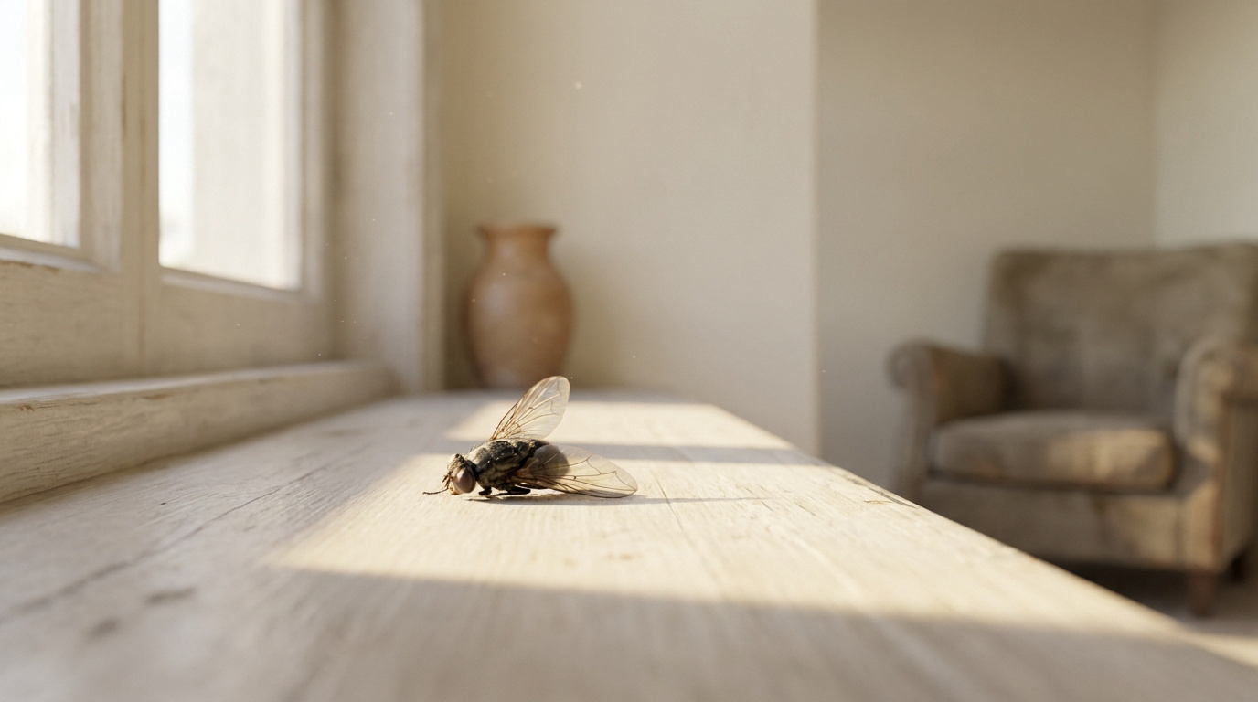 Gros plan d'une mouche morte reposant sur un rebord de fenêtre en bois baigné de lumière naturelle.