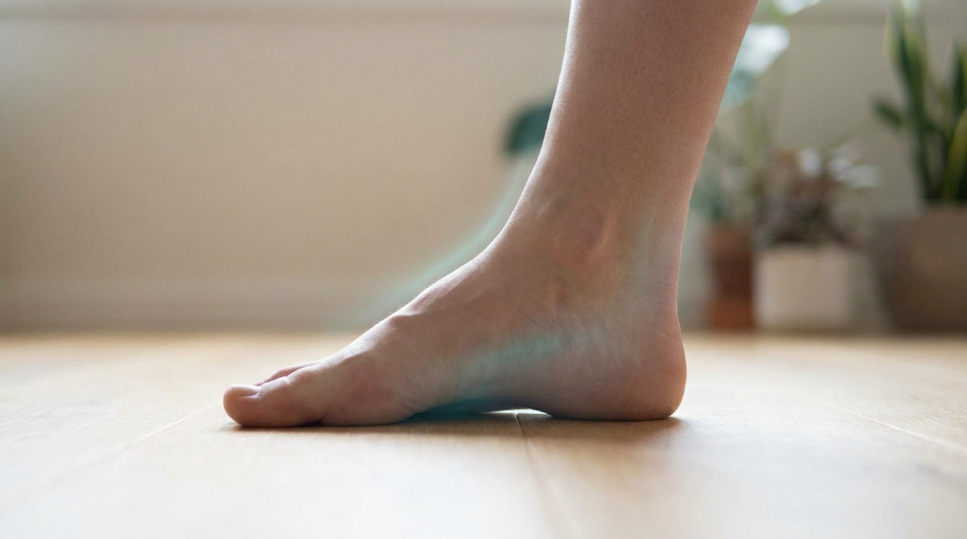 Vue latérale du pied d'une personne montrant une cambrure prononcée, soulignée par une légère lueur bleutée.