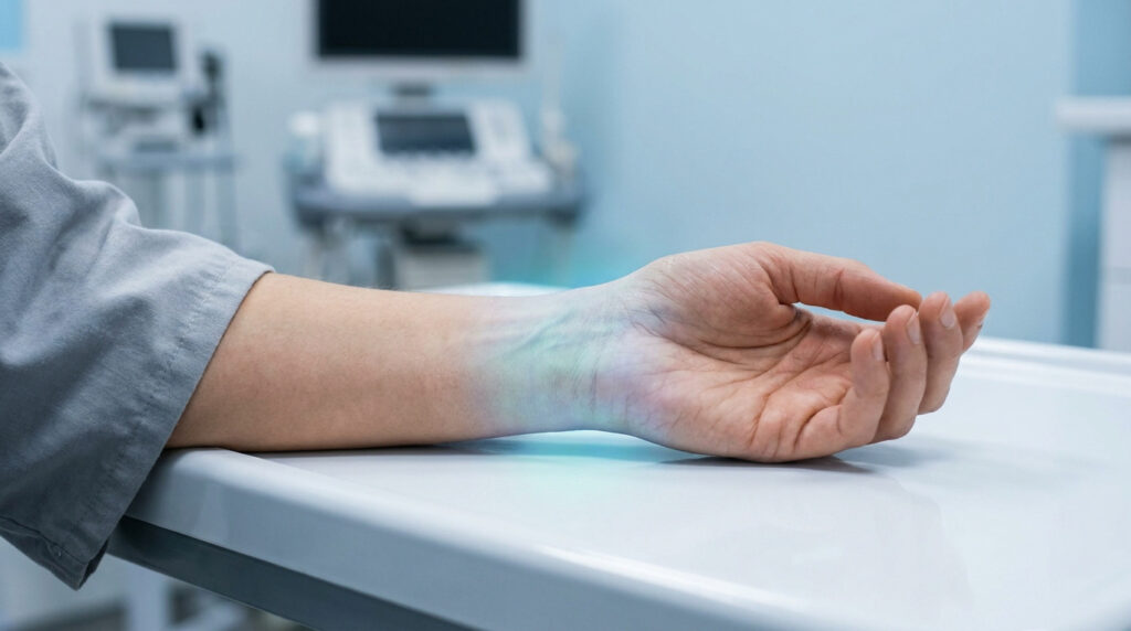 Main d'un patient posée sur une table d'examen médical avec un effet de lumière bleutée sur le poignet.