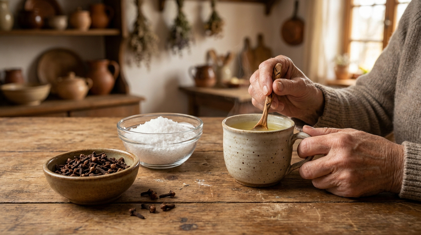 Mains âgées préparant une infusion avec des clous de girofle et du sel sur une table en bois rustique.