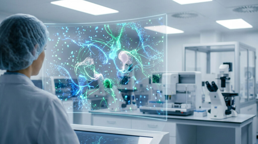 Chercheur examinant une visualisation numérique 3D de cellules cancéreuses sur un écran holographique en laboratoire.