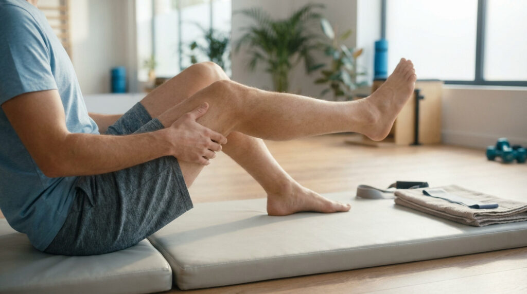 Un homme effectuant un exercice de renforcement du genou sur un tapis dans une salle de sport.
