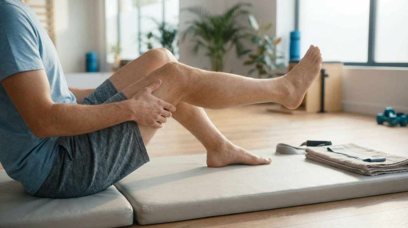 Un homme effectuant un exercice de renforcement du genou sur un tapis dans une salle de sport.