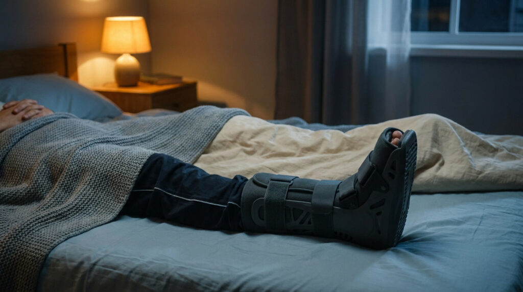 Une personne allongée dans son lit avec une botte de marche orthopédique au pied pendant la nuit.