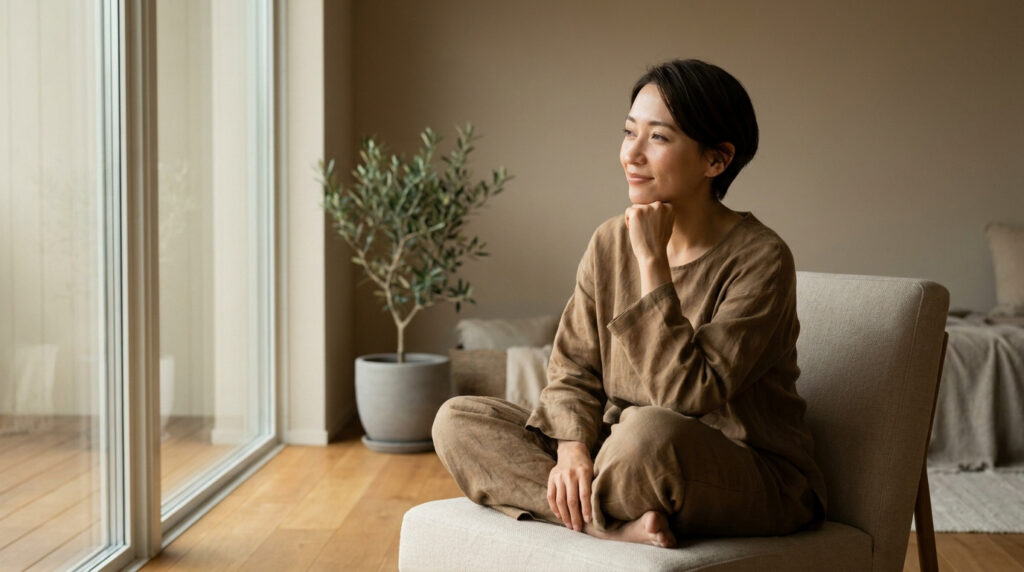Une femme pensive assise sur un fauteuil dans un intérieur calme et minimaliste.