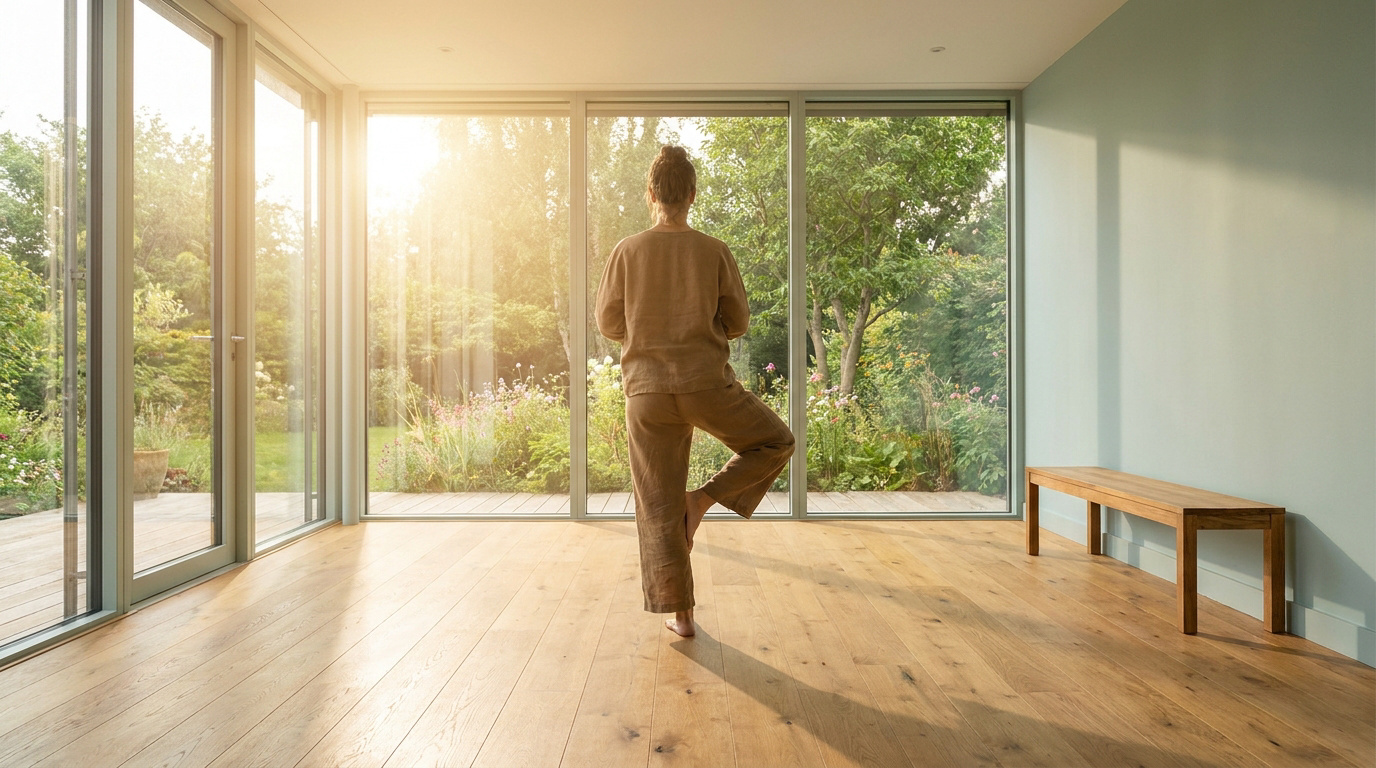 Une femme pratique la posture de l'arbre dans un salon lumineux face à un jardin verdoyant.