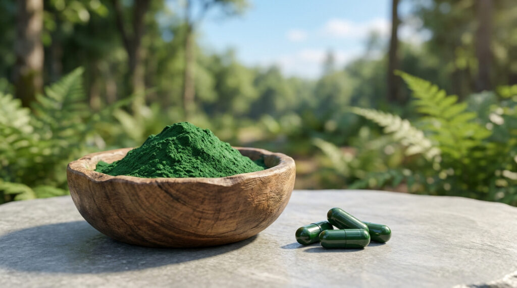 Bol en bois rempli de poudre de spiruline verte et gélules sur une table en pierre en extérieur.