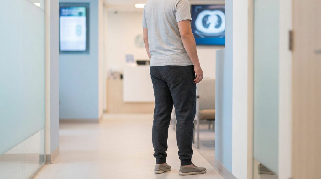 Un patient porte une tenue confortable dans un couloir d'hôpital avec des écrans d'imagerie en arrière-plan.