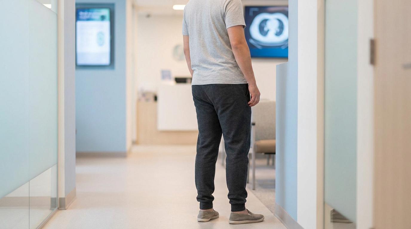 Un patient porte une tenue confortable dans un couloir d'hôpital avec des écrans d'imagerie en arrière-plan.