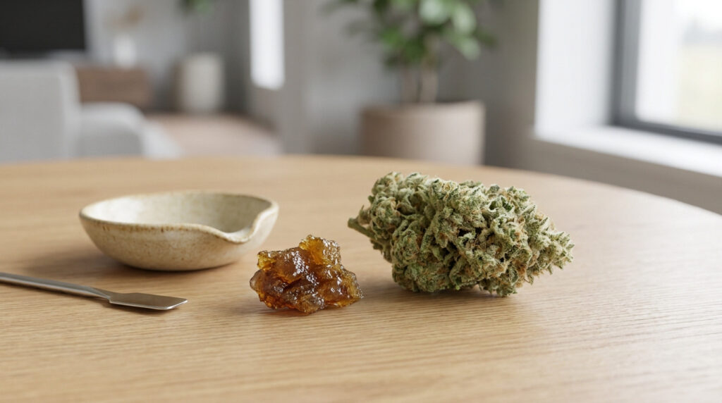 Une fleur de CBD et un morceau de résine ambrée posés sur une table en bois avec une coupelle et une spatule.