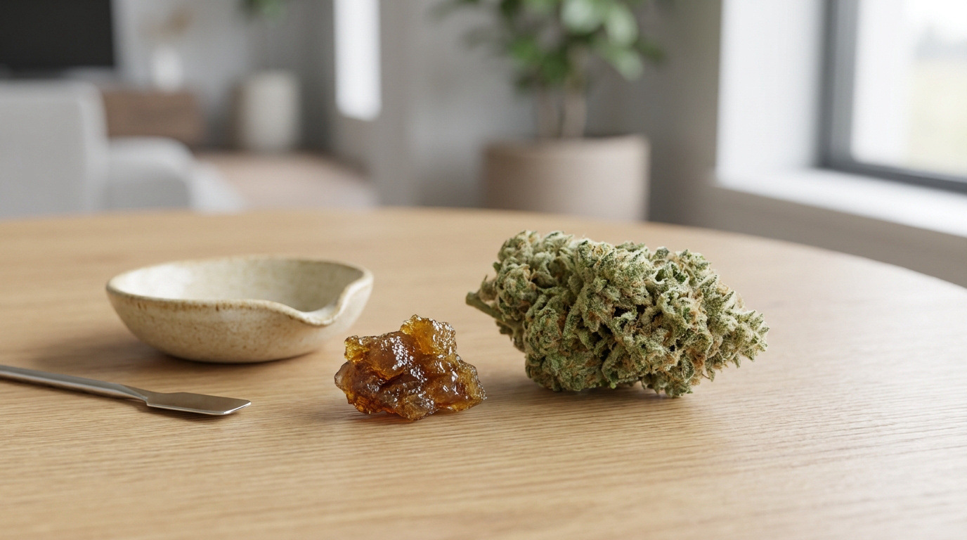 Une fleur de CBD et un morceau de résine ambrée posés sur une table en bois avec une coupelle et une spatule.