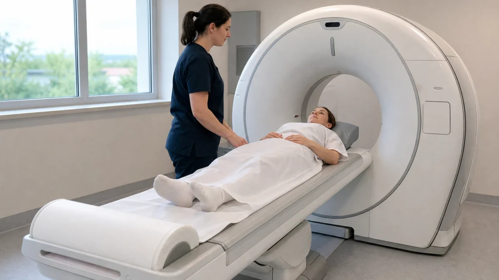 Illustration éditoriale pour l’article « Durée d'un scanner abdominal : temps et déroulement »