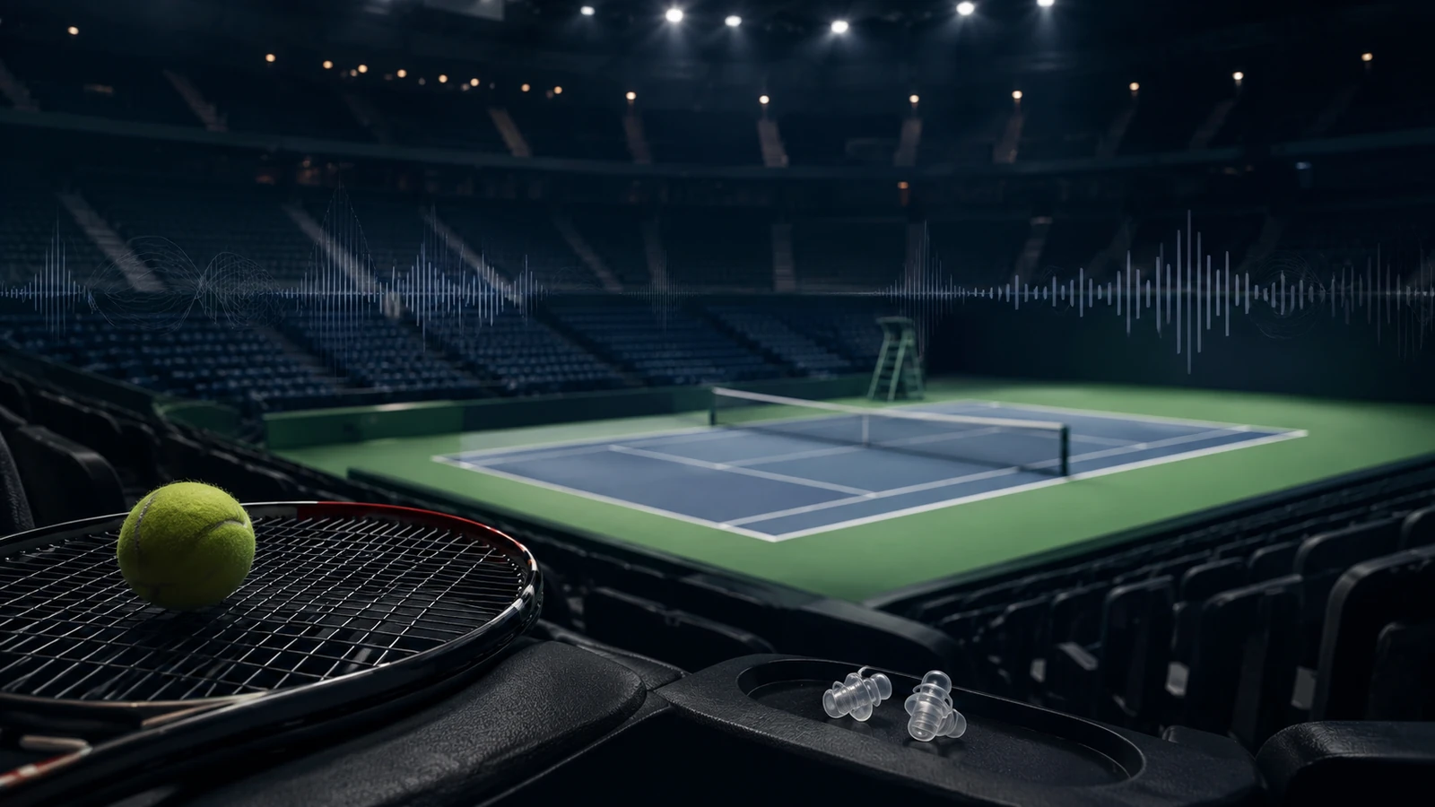 Court de tennis indoor avec protections auditives et onde sonore