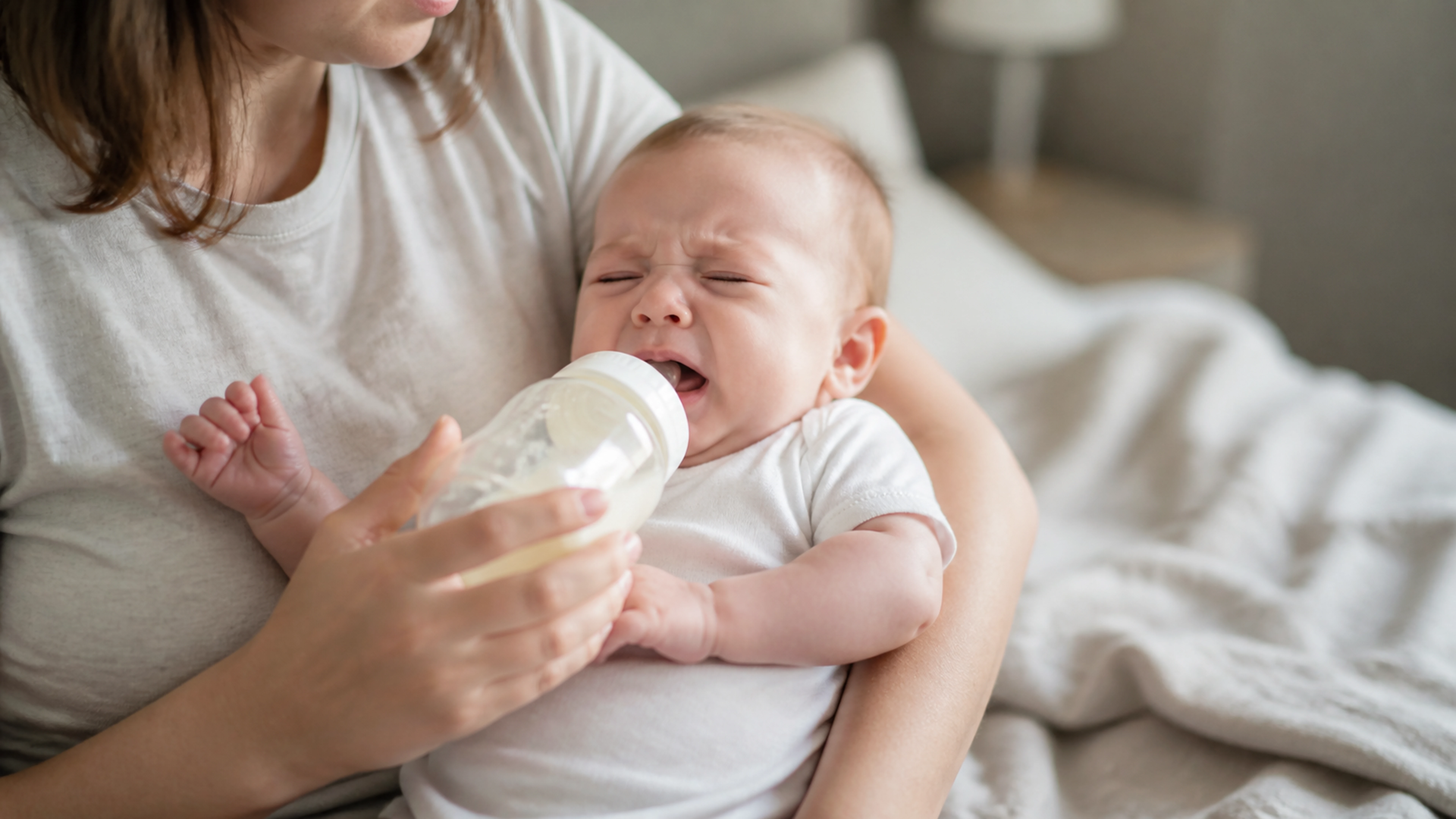 Illustration éditoriale pour l’article « Bébé pleure au début du biberon : causes et solutions »
