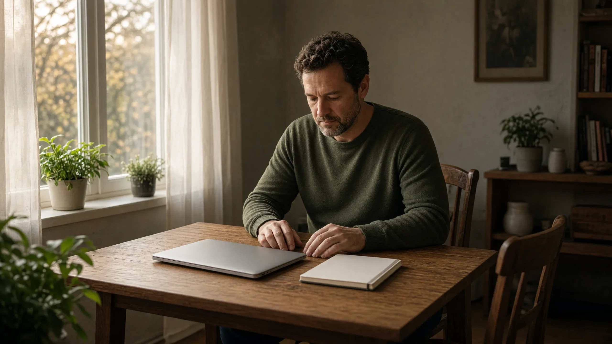 Homme à un bureau avec un carnet et un ordinateur portable fermé