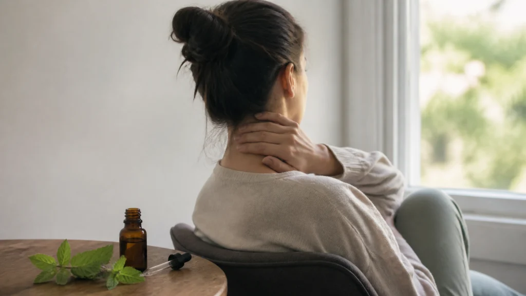 Illustration éditoriale pour l’article « Huile essentielle et migraine cervicale : le soin naturel »