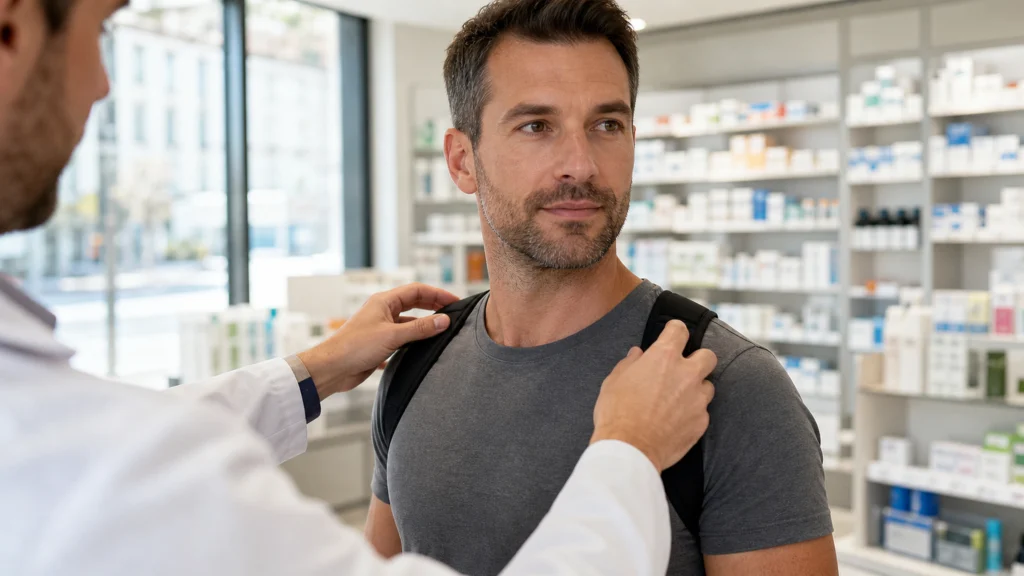 Illustration éditoriale pour l’article « Bien choisir son redresseur de posture en pharmacie »