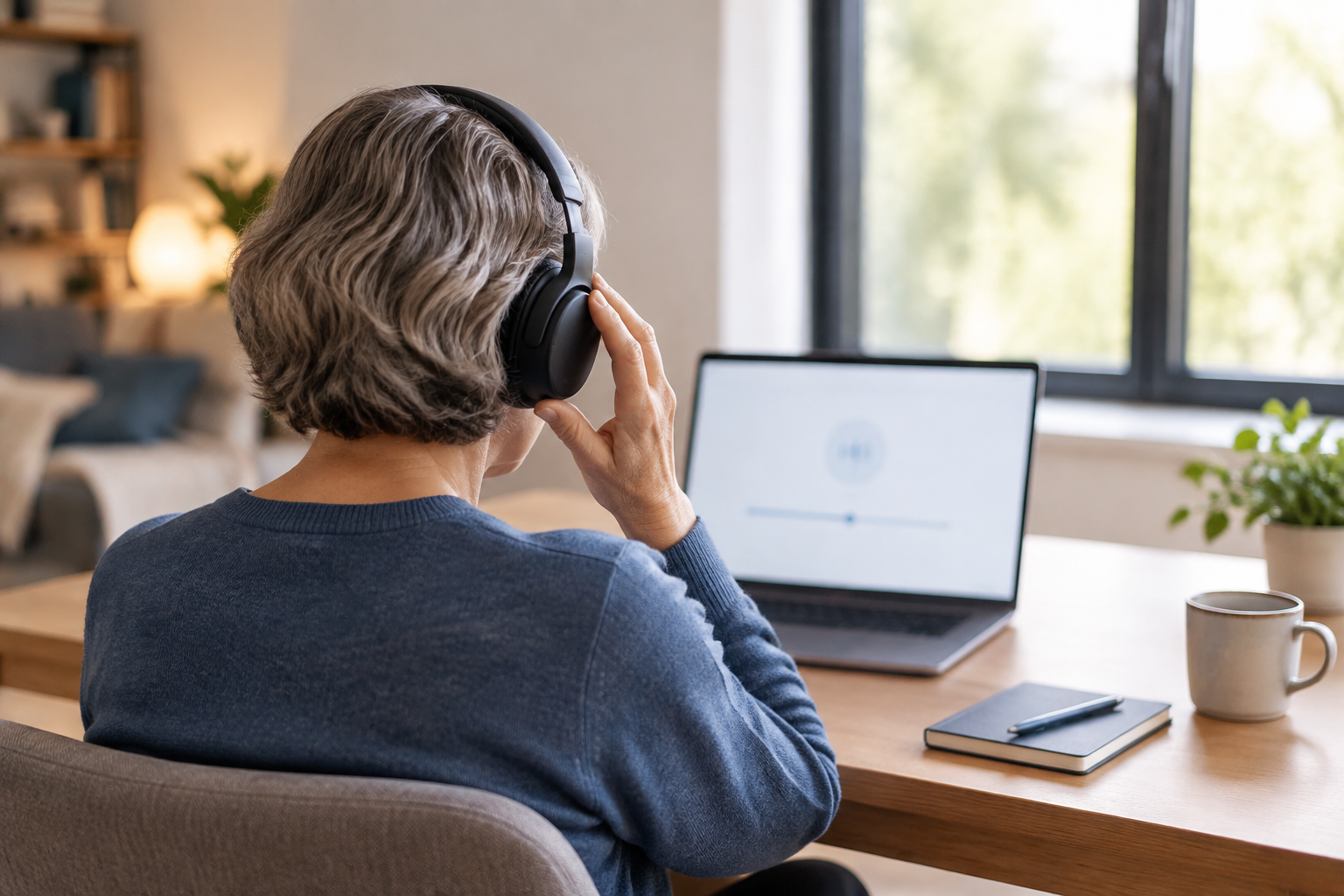 Adulte au casque réalisant un repérage auditif sur ordinateur dans une pièce calme