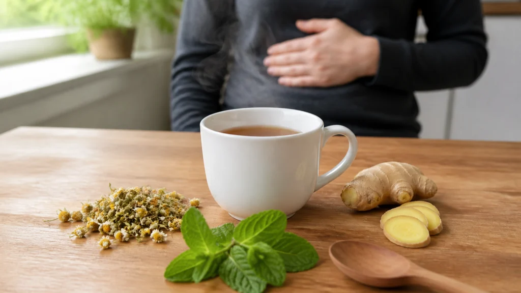 Illustration éditoriale pour l’article « Quelle tisane pour soulager une gastrite et l'acidité »
