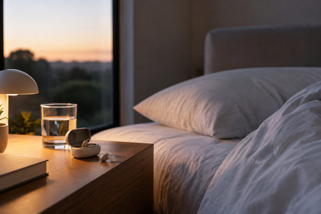 Appareils auditifs posés sur une table de chevet près d'un lit au coucher du soleil.