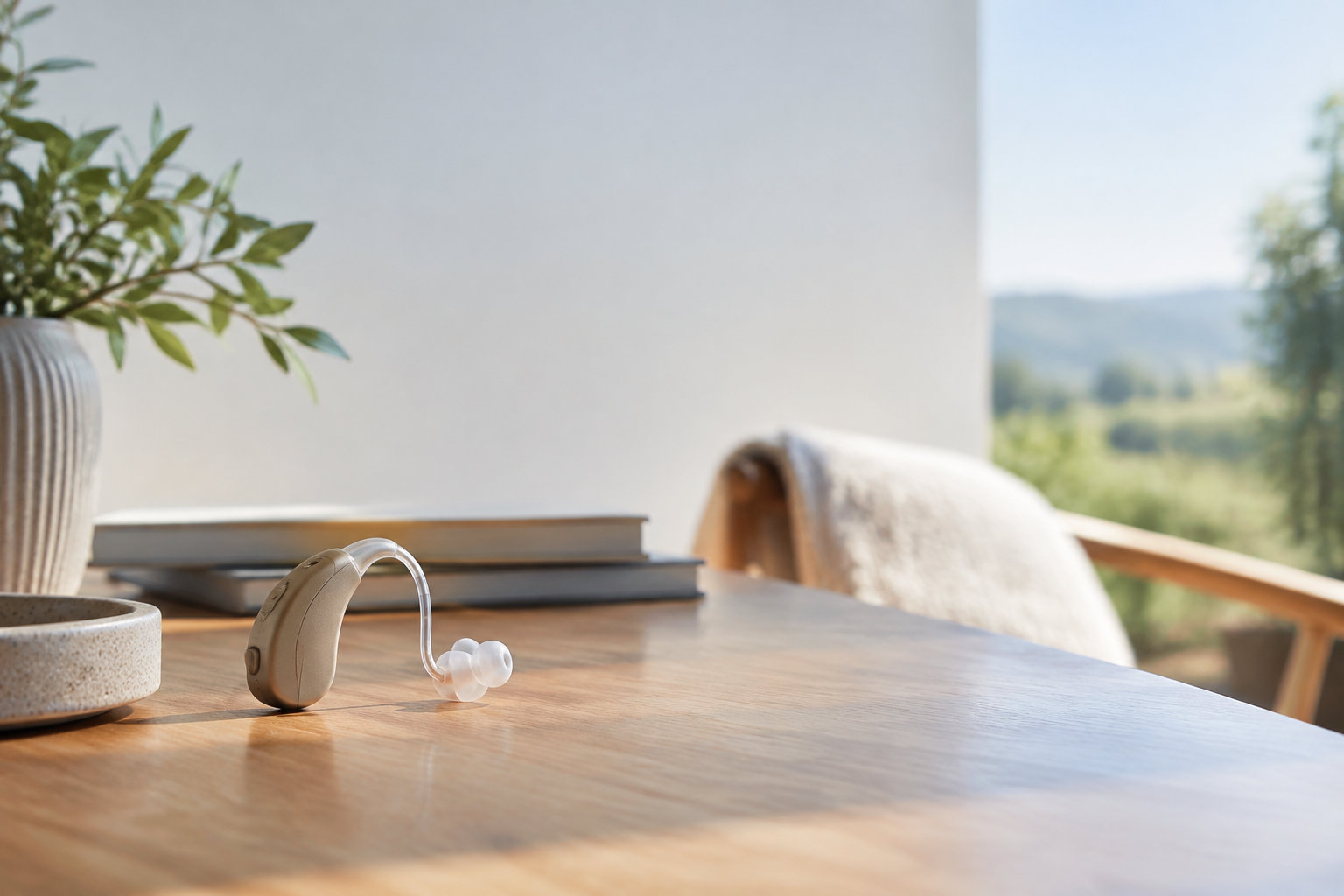 Appareil auditif couleur chair posé sur une table en bois près d'une plante et de livres, avec vue sur la nature.
