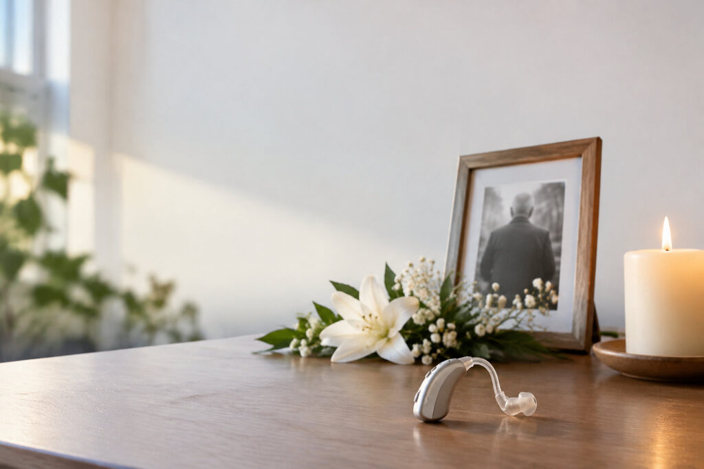 Appareil auditif posé sur une table en bois, près d'une photo souvenir, d'une bougie allumée et de fleurs blanches.