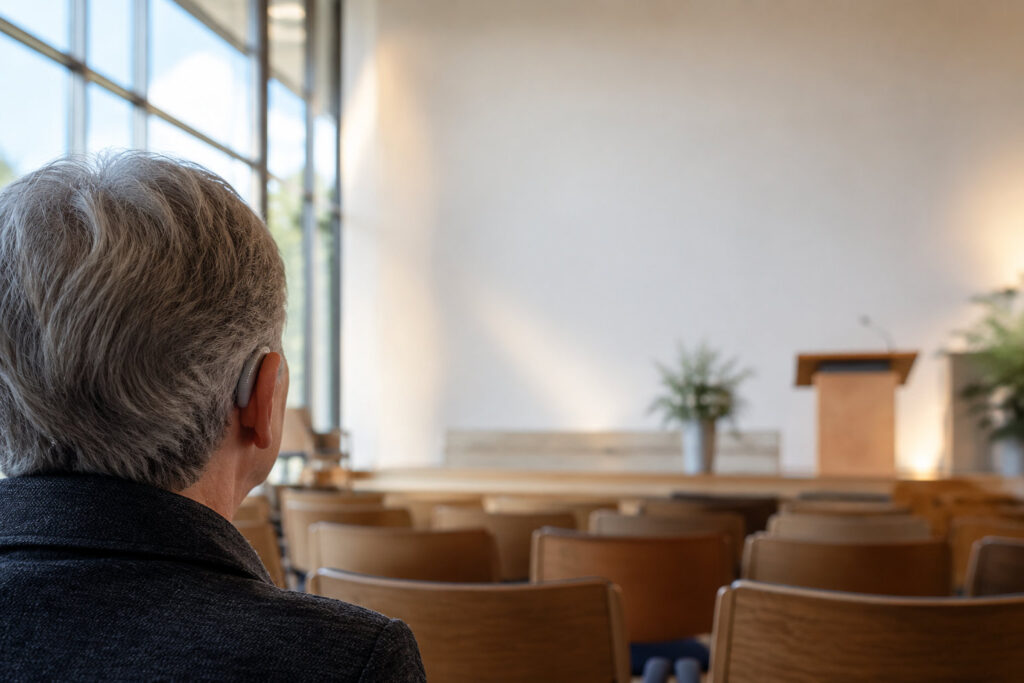 Vue de dos d'une personne portant un appareil auditif, assise dans une salle de conférence vide.